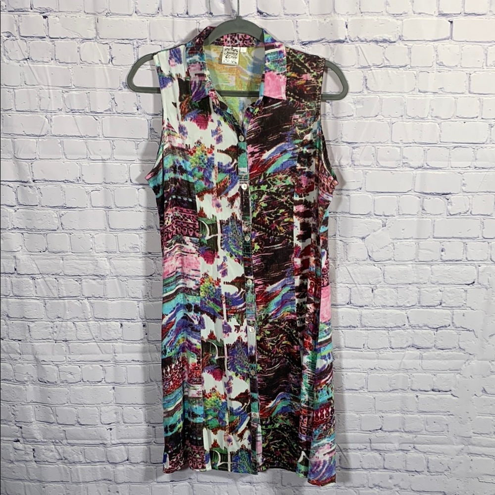 Parsley & Sage Womens Tank Dress Button Down Front Multicolor Size L Artsy Fairy